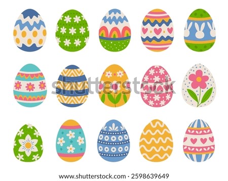 Easter eggs set with ornaments of flowers, hearts and other patterns. Vintage collection. 