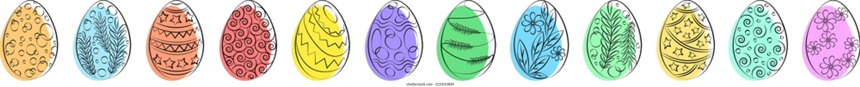 Easter eggs set. Outline drawing with colored spots 