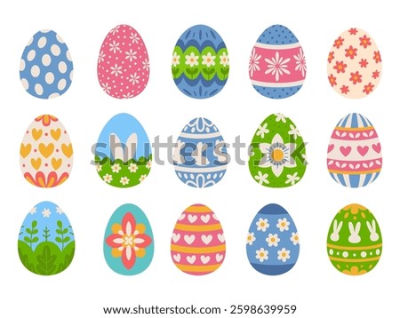 Easter eggs set. Eggs painted with polka dots, flowers, hearts, rabbits and other Easter ornaments.
