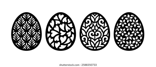 Easter eggs set. Paper or laser cutting templates. Vector black illustrations. Decorative holiday symbol. Floral ornate egg. Isolated on white background. Carved pattern. For laser, plotter cutting.