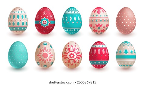 Easter Eggs Set. Pink blue beige ornamental eggs. Easter eggs in different colors decorated with patterns isolated on white, set.