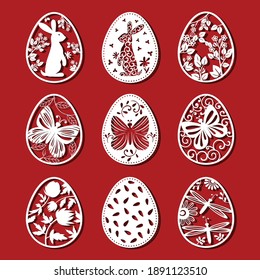 Easter eggs set with rabbit, butterfly, flower. White ornamental eggs for laser cutting on red background. Icons for greeting card