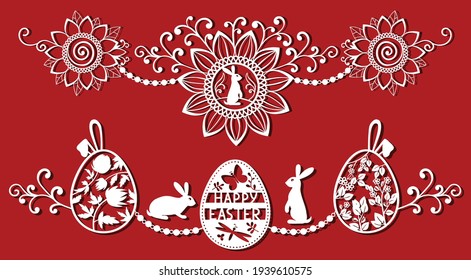 Easter eggs set with rabbit, butterfly, flower. White ornamental eggs for laser cutting on red background. Icons for greeting card