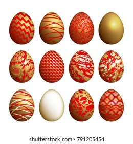 Easter eggs set. Realistic image isolated on white background. Flower, geometric and marble patterns. Gold foil, red and white color. Vector illustration art. 