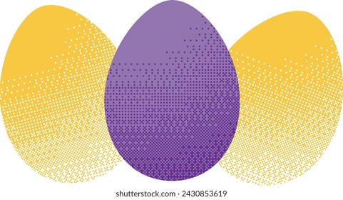 Easter eggs set in retro style. Easter celebration and pixel art concept. Elements for digital content, games, sticker, and web. Yellow and violet backdrop.