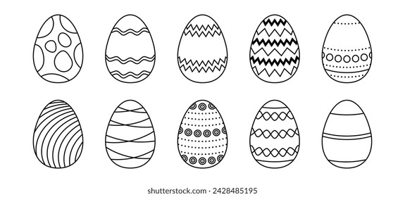 Easter eggs set. Spring linear egg icon collection with different pattern. Doodle style Easter illustration pack for card, invitation, print, sticker, banner, poster. Vector black and. Vector