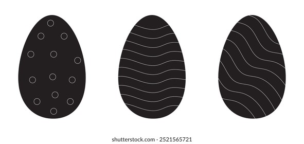Easter eggs set. Spring linear egg icons with different pattern decoration. Doodle style Easter illustration pack for card, invitation, print, sticker, banner, poster. Vector black.