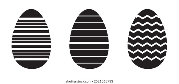 Easter eggs set. Spring linear egg icons with different pattern decoration. Doodle style Easter illustration pack for card, invitation, print, sticker, banner, poster. Vector black.