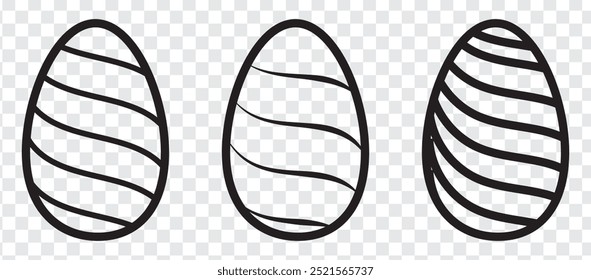 Easter eggs set. Spring linear egg icons with different pattern decoration. Doodle style Easter illustration pack for card, invitation, print, sticker, banner, poster. Vector black.