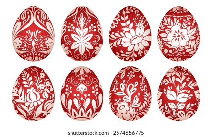 Easter eggs. Set of traditional red decorative eggs with floral patterns. Vector folk ethnic illustration isolated on white. Happy easter hand painted eggs with flower decoration for spring holiday.