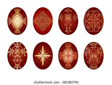 Easter eggs, a set of traditionally red painted with religious cross ornaments 