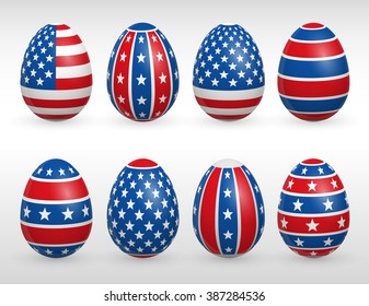 Easter eggs set with united states flags images vector icons collections easter eggs with USA style striped and stars red blue flags vector signs