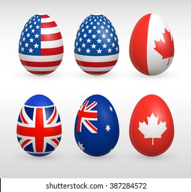 Easter eggs set with united states flags images vector icons collections easter eggs with USA, Canada, Great Britain, Australia style striped and stars red blue flags vector signs