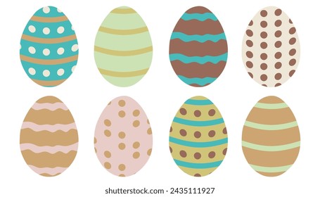 Easter Eggs Set. Vector Flat style Collection Isolated on white background. Cartoon Holiday elements with Stripes and Dots. Hand drawn Design Art for Greeting Cards, Celebration, Decoration.