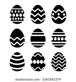 Easter eggs set,  Vector illustration. Black and white Easter eggs with ornamental decorative pattern isolated on white background. Easter Egg Line Art, Silhouette,  ostern egg icons