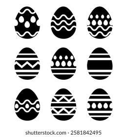 Easter eggs set,  Vector illustration. Black and white Easter eggs with ornamental decorative pattern isolated on white background. Easter Egg Line Art, Silhouette,  ostern egg icons