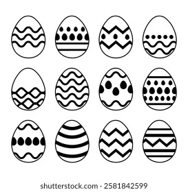 Easter eggs set,  Vector illustration. Black and white Easter eggs with ornamental decorative pattern isolated on white background. Easter Egg Line Art, Silhouette,  ostern egg icons