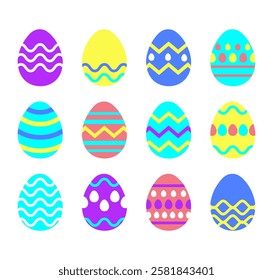 Easter eggs set,  Vector illustration. Colorful Easter eggs with ornamental decorative pattern isolated on white background. Ostern egg icons with decoration patterns symbols collection