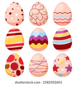 Easter eggs set,  Vector illustration. Colorful Easter eggs with ornamental decorative pattern isolated on white background. Ostern egg icons with decoration patterns symbols collection