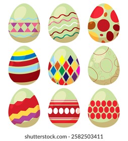 Easter eggs set,  Vector illustration. Colorful Easter eggs with ornamental decorative pattern isolated on white background. Ostern egg icons with decoration patterns symbols collection