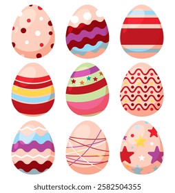 Easter eggs set,  Vector illustration. Colorful Easter eggs with ornamental decorative pattern isolated on white background. Ostern egg icons with decoration patterns symbols collection