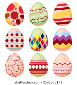 Easter eggs set,  Vector illustration. Colorful Easter eggs with ornamental decorative pattern isolated on white background. Ostern egg icons with decoration patterns symbols collection