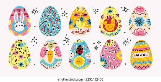 Easter Eggs. Set of vector illustrations in watercolor style. Colored Easter eggs.Colorful painted easter eggs flat illustrations set. Traditional religious holiday celebration. Orthodox easter food