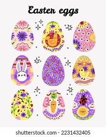 Easter Eggs. Set of vector illustrations in watercolor style. Colored Easter eggs.Colorful painted easter eggs flat illustrations set. Traditional religious holiday celebration. Orthodox easter food