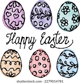 Easter Eggs. Set of vector illustrations in watercolor style. Colored Easter eggs. Isolated white background. Typography
