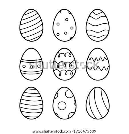 Easter eggs set. Vector lineart set of eggs with ornament. Perfect for easter pattern, stickers, coloring page, logo, banner. Hand drawn easter illustration. Spring holiday drawing. Black and white.