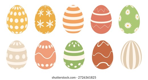 Huevos de Pascua con una paleta de colores de primavera cálida. Patrones decorativos, tonos pastel suaves. Ilustración de temporada para el diseño de Pascua, tarjetas de felicitación, embalaje y fondos.