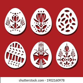 Easter eggs set. White geometry ornamental flower eggs for laser cutting on red background. Icons for greeting card