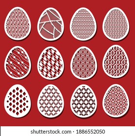 Easter eggs set. White ornamental textured eggs for laser cutting on red background. Icons for greeting card