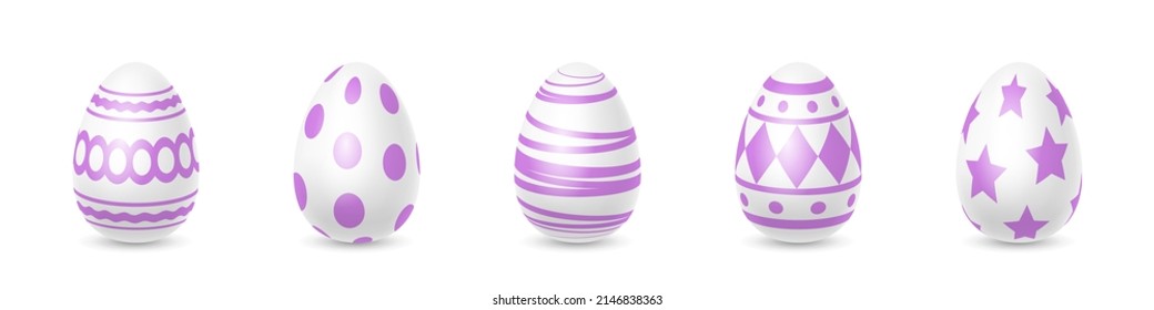 Easter eggs set. White eggs with purple patterns. Vector clipart isolated on white background.