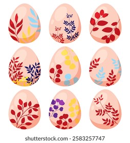 Easter eggs set,Colorful Easter eggs with ornamental decorative pattern flower isolated on white background.  Vector illustration. Ostern egg icons with decoration patterns symbols collection