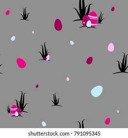 Easter eggs with shrubs on grey background, seamless and tileable vector pattern texture