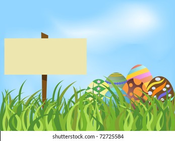 Easter Eggs  and signboard on Grass