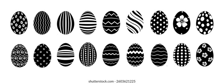 Easter Eggs simple black line icons collection . Vector painted icons of eggs with ornament in flat design . Cartoon Easter eggs set .	