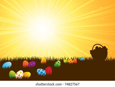 Easter eggs siting in the grass against a Sunburst, illustration