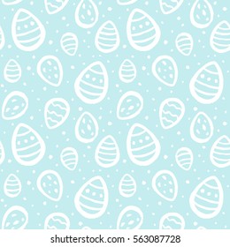 Easter eggs and specks, flecks, spots seamless vector pattern. Brush drawn painted eggs and uneven speckles, blobs, dots chaotic texture. Free hand drawn Easter background.