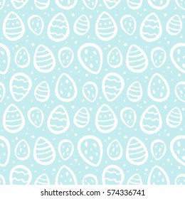 Easter eggs and specks, flecks, spots seamless vector pattern. Free hand drawn Easter background. Brush drawn painted eggs and uneven speckles, blobs, dots chaotic texture. 
