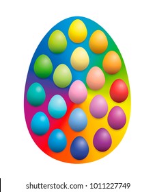 Easter eggs spread over a big rainbow colored easter egg background to increase their color intensity. Illustration over white background.