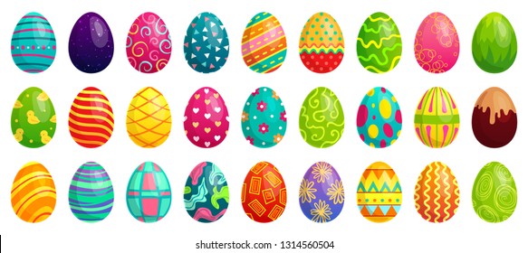 Easter eggs. Spring colorful chocolate egg, cute colored patterns and happy easter decoration. Traditional religion holyday ornament eggs. Cartoon vector isolated icons set