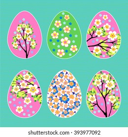  Easter eggs with spring flowers blooming apple tree pattern set vector illustration