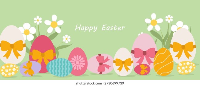 Huevos de Pascua y flores de primavera Fondo de frontera. Feliz Pascua. tarjeta de felicitación de vacaciones, conjunto de colección de póster. Anuncio de primavera Diseño plano moderno con flores, colores pastel de huevo. Ilustración vectorial