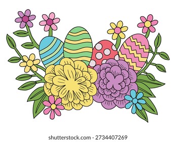 Ostereier und Frühlingsblumen handgezeichnete Doodle-Illustration. Fröhliches Ostergrusselement mit gemusterten Eiern und Frühlingsblüten