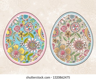 Easter eggs with spring flowers and leafs over  beige grunge background. Easter holidays design. Two different color. Can be used for greetings cards, print design, scrap booking, web design, vector