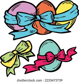 Easter eggs with spring flowers. Line art doodle vector illustration. Set of elements for decoration for happy Easter party.
