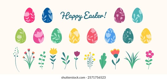 Easter eggs and spring flowers set. Cute decoration for banner, card, poster. Vector illustration.
