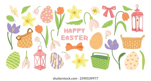 Easter eggs, spring meadow flowers, backets and lantern vector illustration collection. Modern hand drawn crocus, tulips, daffodils clip art set for books, stationery, banners and social media